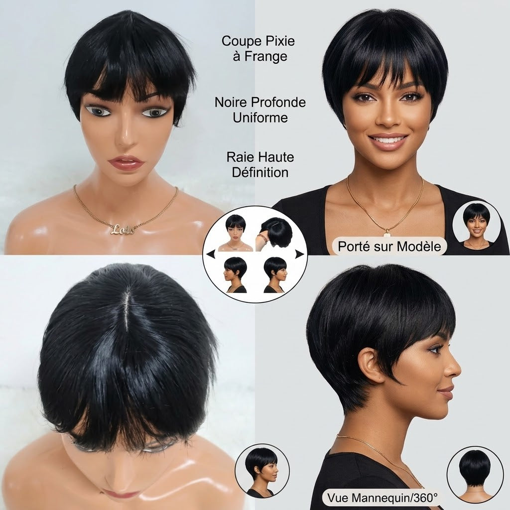 N°3: Perruque pixie courte avec closure et frange  en cheveux naturels, prête à porter