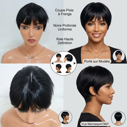 N°3: Perruque pixie courte avec closure et frange  en cheveux naturels, prête à porter