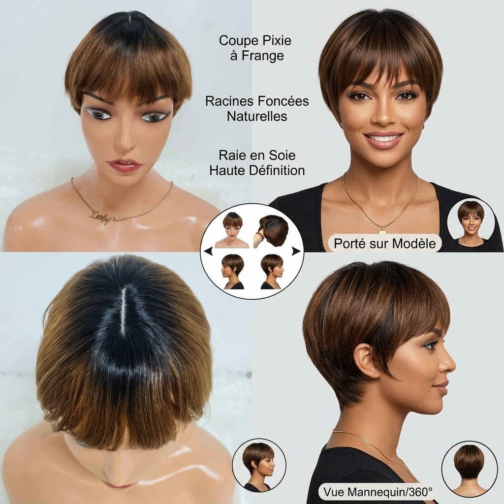 N°4: Perruque pixie courte avec closure et frange  en cheveux naturels, prête à porter