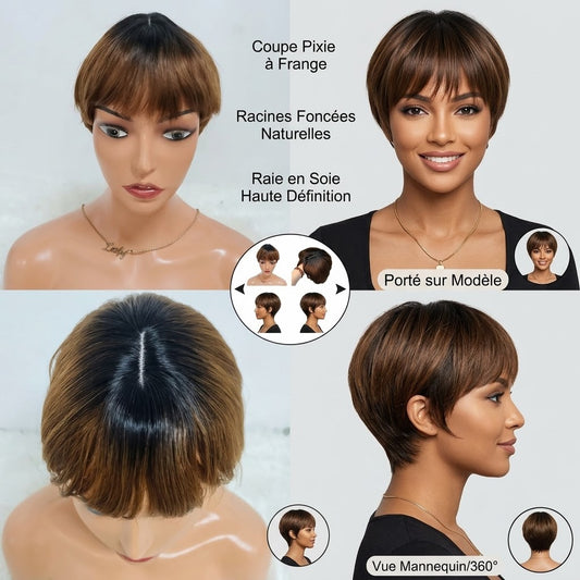 N°4: Perruque pixie courte avec closure et frange  en cheveux naturels, prête à porter